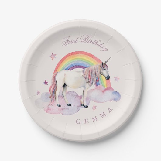 Birthday Party Girl Rainbow Balloons Unicorn Pink Pappteller (Vorderseite)