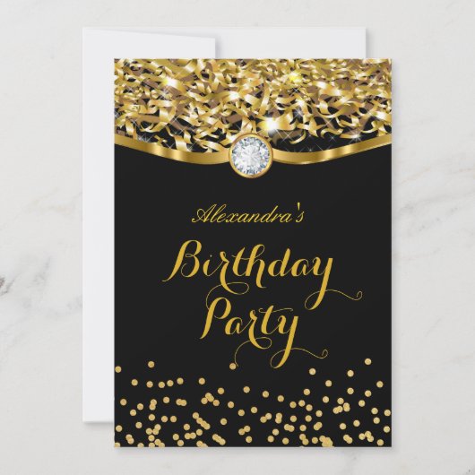 Birthday Party Glitzer Gold Black Einladung (Vorderseite)