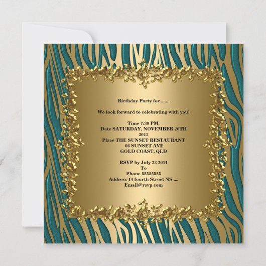 Birthday Party Gold Aquamarin Blue Floral Frauen 5 Einladung (Rückseite)