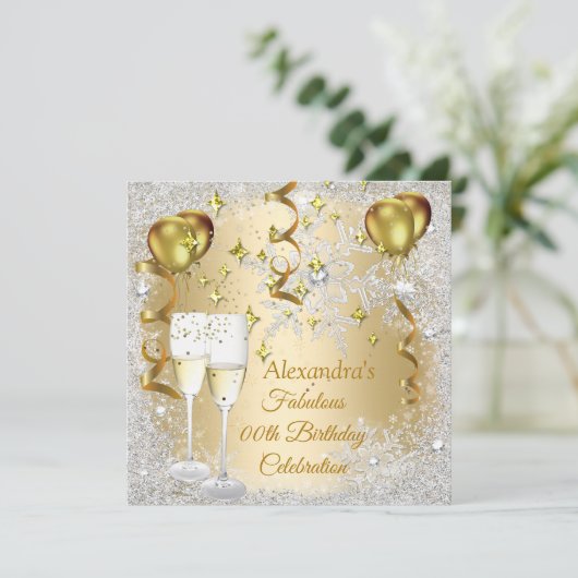 Birthday Party Gold Balloons Champagner Schneefloc Einladung (Stehend Vorderseite)