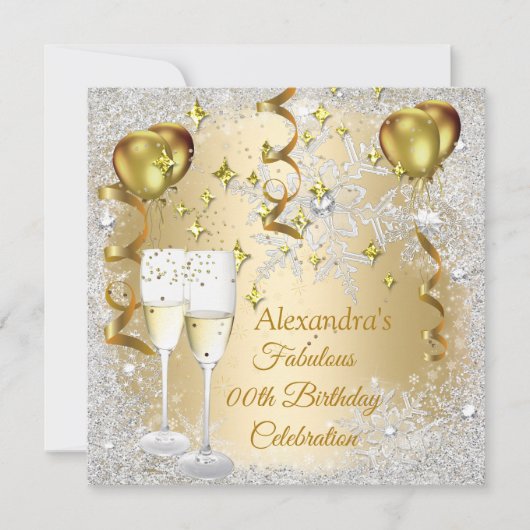 Birthday Party Gold Balloons Champagner Schneefloc Einladung (Vorderseite)