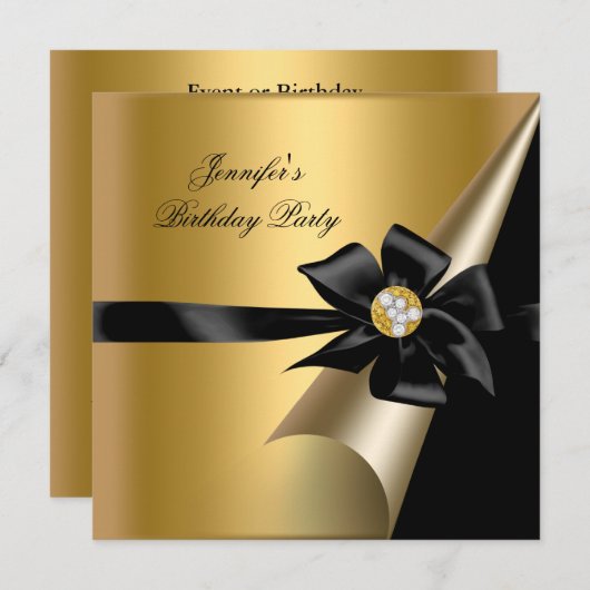 Birthday Party Gold Black Bow Diamond Image Einladung (Vorne/Hinten)