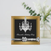 Birthday Party Gold Black Chandelier Silver Bow Einladung (Stehend Vorderseite)