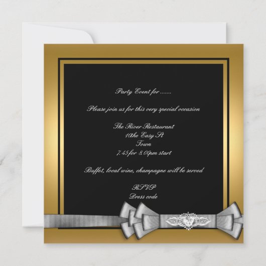 Birthday Party Gold Black Chandelier Silver Bow Einladung (Rückseite)