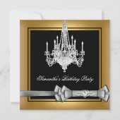 Birthday Party Gold Black Chandelier Silver Bow Einladung (Vorderseite)