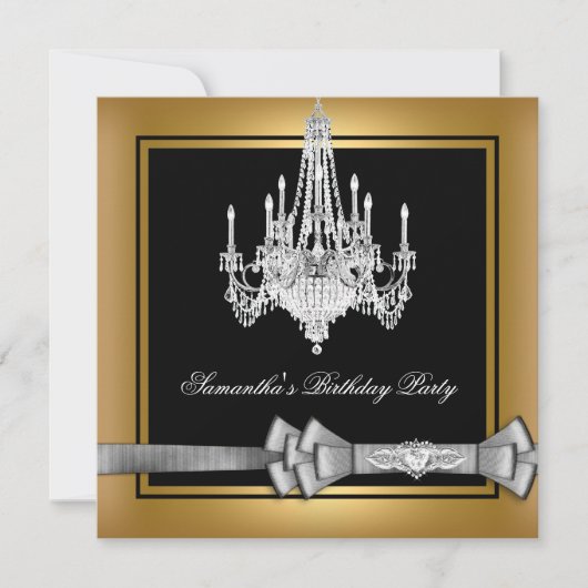 Birthday Party Gold Black Chandelier Silver Bow Einladung (Vorderseite)