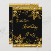 Birthday Party Gold Black Diamond Floral Swirl Einladung (Vorne/Hinten)