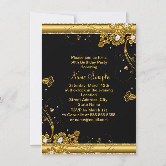 Birthday Party Gold Black Diamond Floral Swirl Einladung (Rückseite)