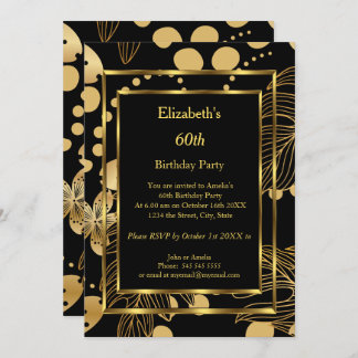 Birthday Party Gold Black Floral Einladung
