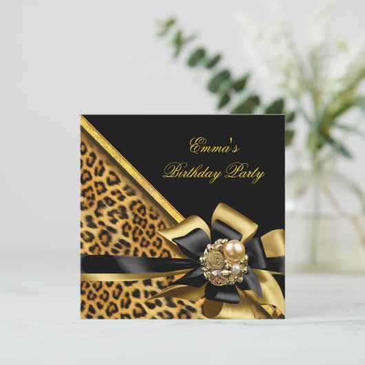 Birthday Party Gold Black Leopard Image Einladung (Stehend Vorderseite)
