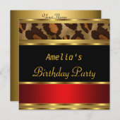 Birthday Party Gold Black Red Leopard Einladung (Vorne/Hinten)