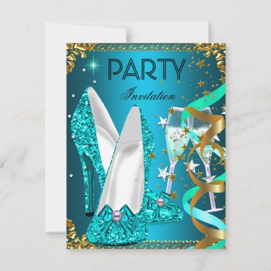 Birthday Party Gold Blue Shoes Einladung (Vorderseite)