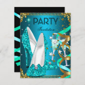 Birthday Party Gold Blue Shoes Einladung (Vorne/Hinten)