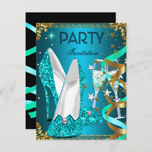 Birthday Party Gold Blue Shoes Einladung (Vorne/Hinten)