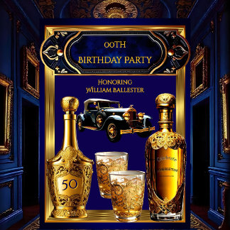 Birthday Party Gold Blue Vintage Car Drinks Einladung