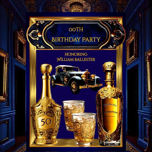 Birthday Party Gold Blue Vintage Car Drinks Einladung