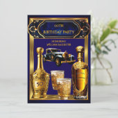 Birthday Party Gold Blue Vintage Car Drinks Einladung (Stehend Vorderseite)