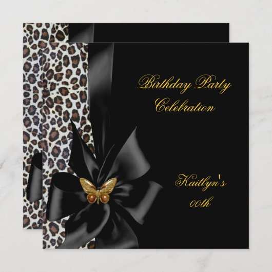 Birthday Party Gold Cheetah Black Butterfly Einladung (Vorne/Hinten)