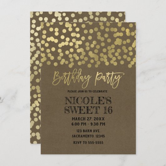 Birthday Party Gold Foil Moderne schicke, rustikal Einladung (Vorne/Hinten)