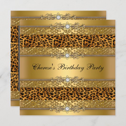 Birthday Party Gold Leopard Diamond Einladung (Vorne/Hinten)
