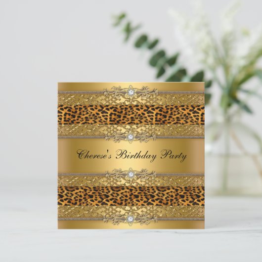 Birthday Party Gold Leopard Diamond Einladung (Stehend Vorderseite)