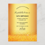 Birthday party gold metal glam einladung postkarte<br><div class="desc">In modern, stylish and glamorous einladung for a girl's Sweet 16th birthday party. Das ist Gold Metall Looking Background and Sparkle. The name is written with a modern black hand lettered style script. Templates for your party details. Tipp: If you don't want it to look like a postcard, click customize,...</div>