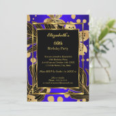 Birthday Party Gold Royal Blue Floral Einladung (Stehend Vorderseite)