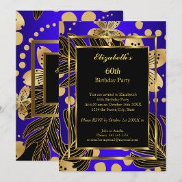 Birthday Party Gold Royal Blue Floral Einladung