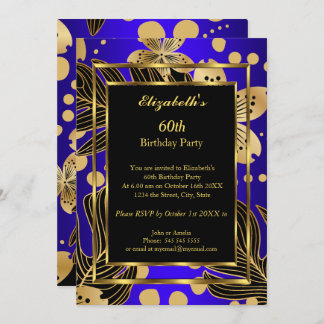 Birthday Party Gold Royal Blue Floral Einladung