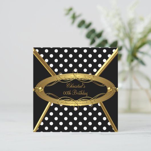 Birthday Party Gold Schwarz-weiß Polka Dot Einladung (Stehend Vorderseite)