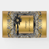 Birthday Party Gold Silver Black Bow Banner (Horizontal)