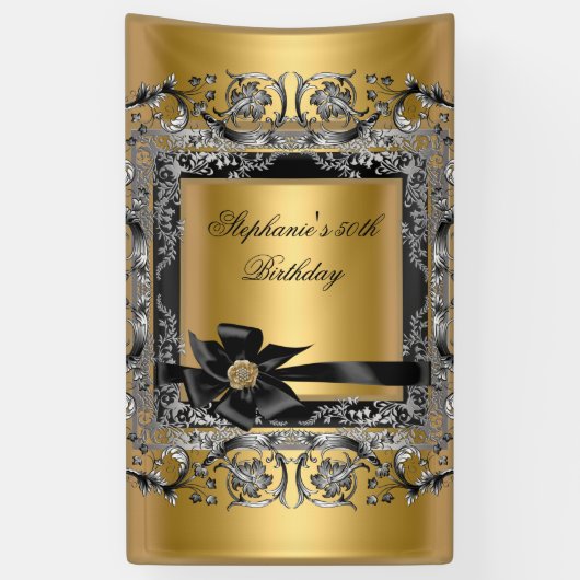 Birthday Party Gold Silver Black Bow Banner (Vertikal)