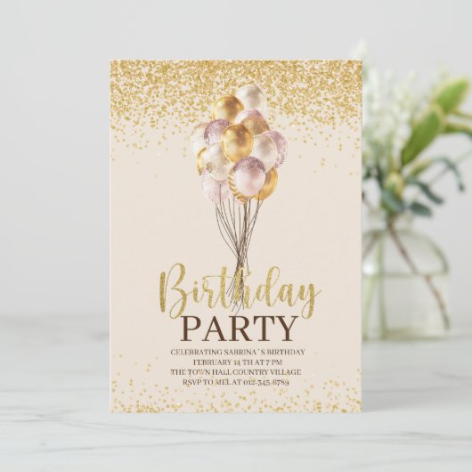 Birthday Party Gold und Black Personalisierte Einl Einladung (Stehend Vorderseite)