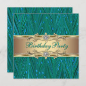Birthday Party Gold und Peacock Aquamarin Blue Einladung (Vorne/Hinten)
