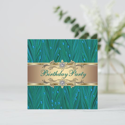 Birthday Party Gold und Peacock Aquamarin Blue Einladung (Stehend Vorderseite)