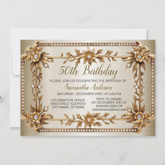 Birthday Party Gold Verziert Rectangle Dimond Blum Einladung (Vorderseite)
