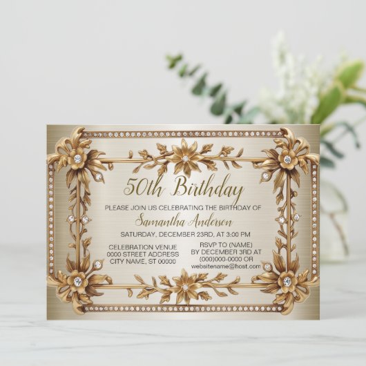 Birthday Party Gold Verziert Rectangle Dimond Blum Einladung (Stehend Vorderseite)