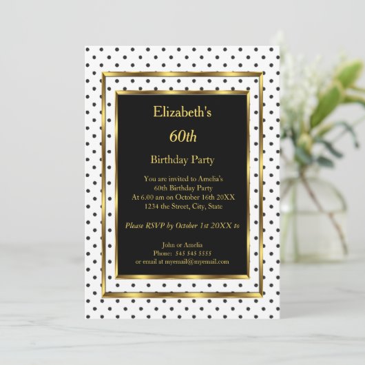 Birthday Party Gold White Black Polka Dots Einladung (Stehend Vorderseite)