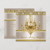 Birthday Party Gold White Cream Kronleuchter Einladung (Vorne/Hinten)