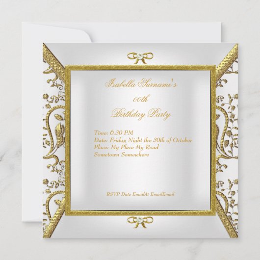 Birthday Party Gold White Damask Bow Image Einladung (Rückseite)