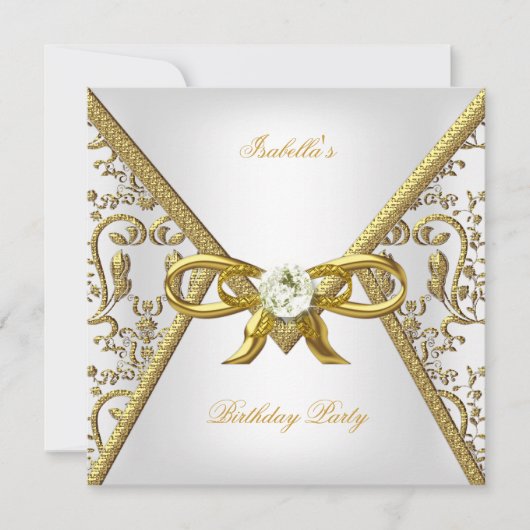 Birthday Party Gold White Damask Bow Image Einladung (Vorderseite)