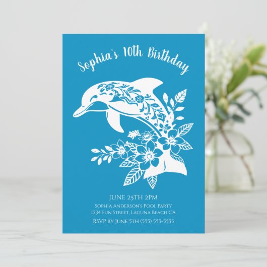 Birthday Party-Hawaiian Dolphin Tropical Blume Einladung (Stehend Vorderseite)