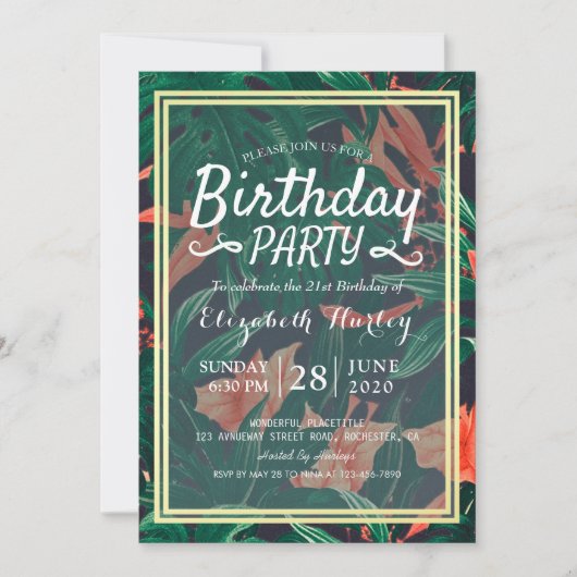 Birthday Party Hawaiian Tropical Floral Gold Frame Einladung (Vorderseite)