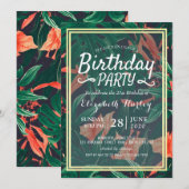 Birthday Party Hawaiian Tropical Floral Gold Frame Einladung (Vorne/Hinten)