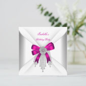 Birthday Party Hot Pink Bow Silver White Diamond Einladung (Stehend Vorderseite)