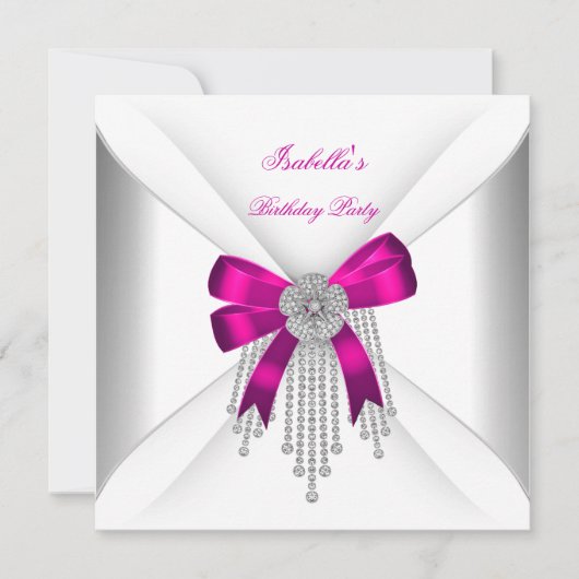 Birthday Party Hot Pink Bow Silver White Diamond Einladung (Vorderseite)