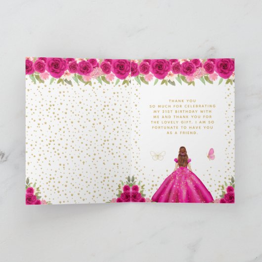 Birthday Party - Hot Pink Floral Brown Fair Girl Dankeskarte (Innenseite)