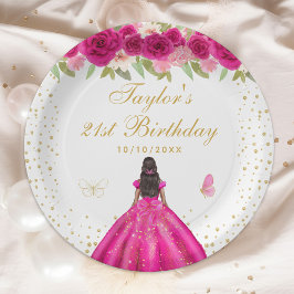 Birthday Party - Hot Pink Floral Dark Skin Girl Pappteller