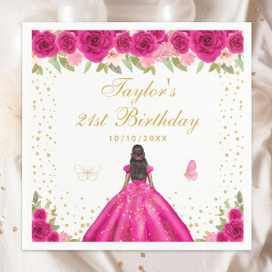 Birthday Party - Hot Pink Floral Dark Skin Girl Serviette