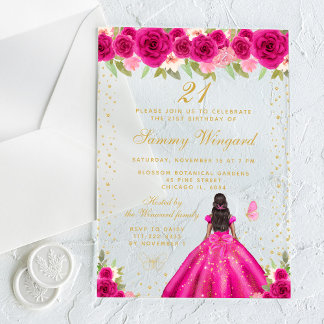 Birthday Party - Hot Pink Floral Dark Skin Princes Acryleinladungen